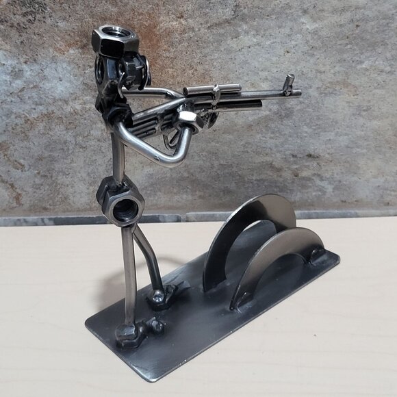 Nuts and Bolts Rifleman Figurine Business Card Holder Metal Shooting Hunting - Picture 13 of 13